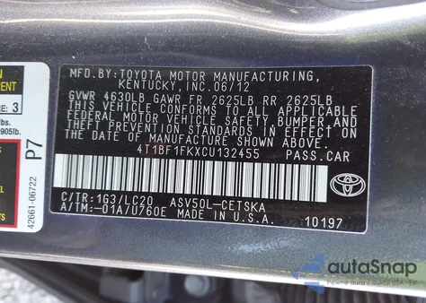 2012 Toyota Camry Se from USA, damaged, VIN 4T1BF1FKXCU132455